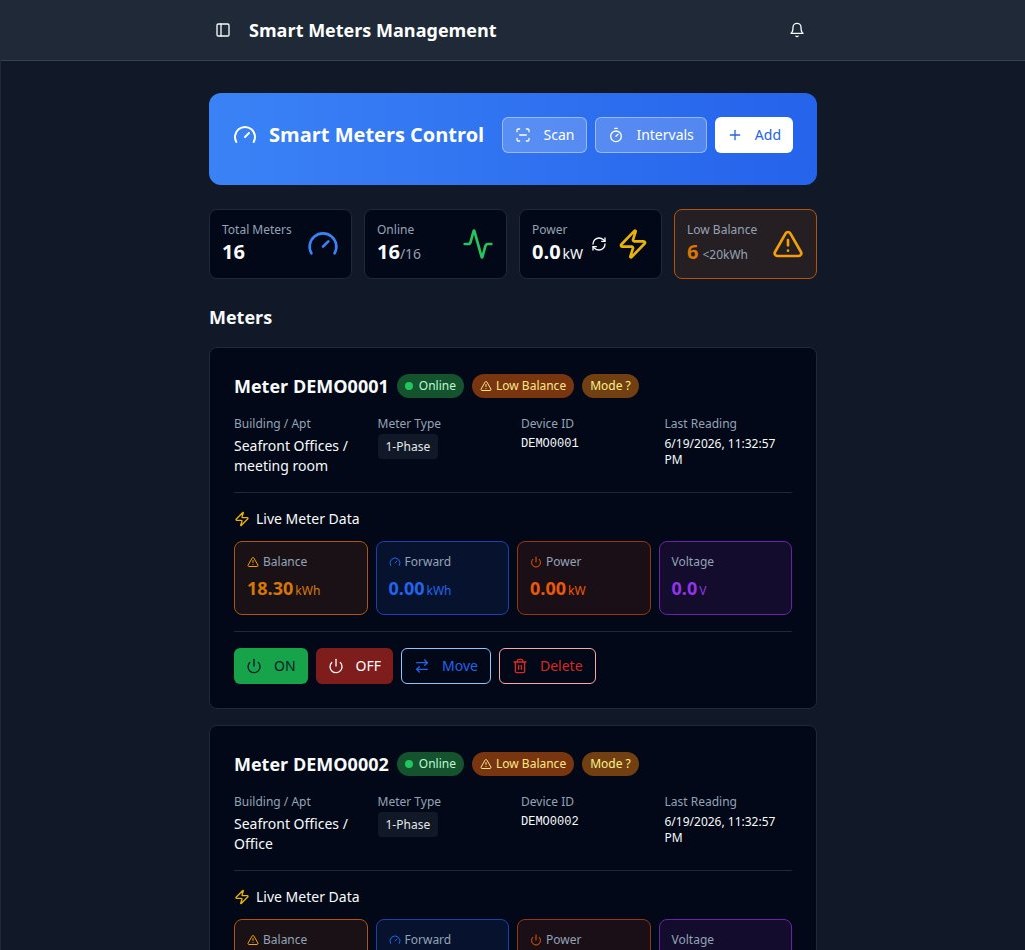 Live smart-meter management — balances, power and on/off control per meter