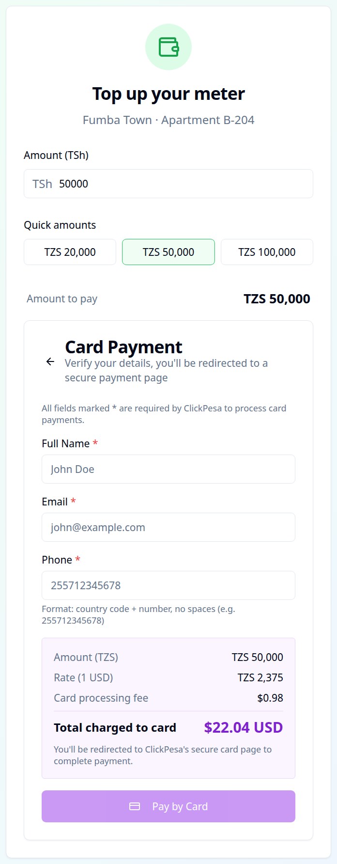 Card payment with live exchange rate and fee shown before paying