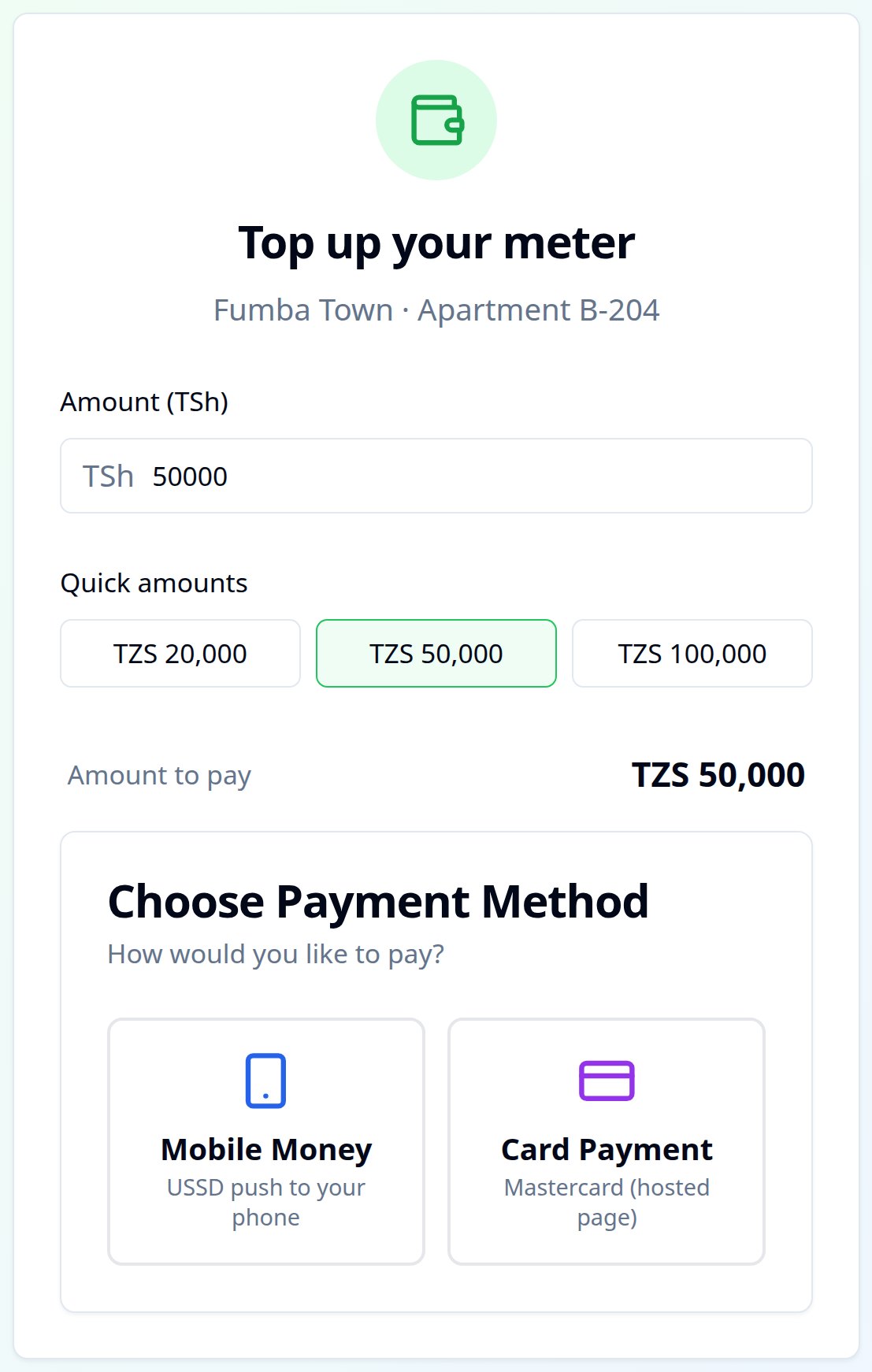 EMA top-up screen offering Mobile Money and Card payment